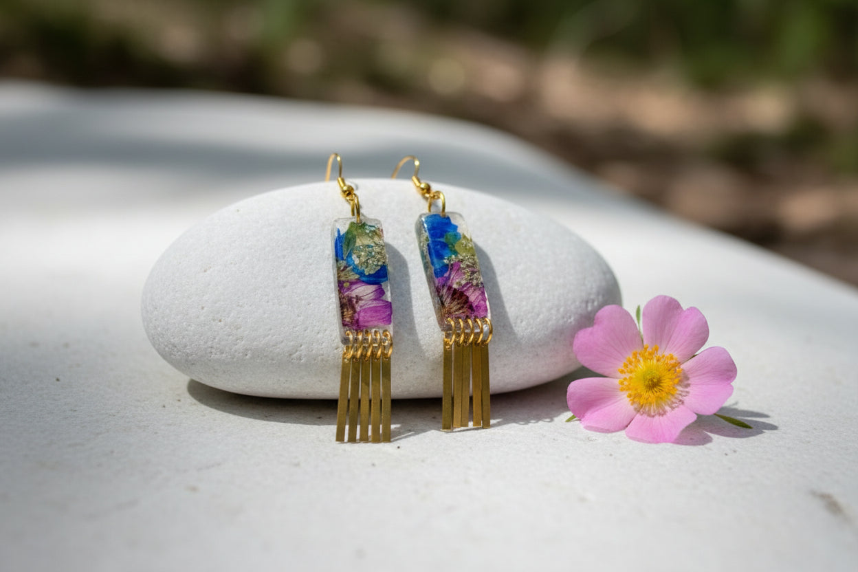 Organic Rectangle White Multi Floral Dangle w/ Brass Fringe Earrings