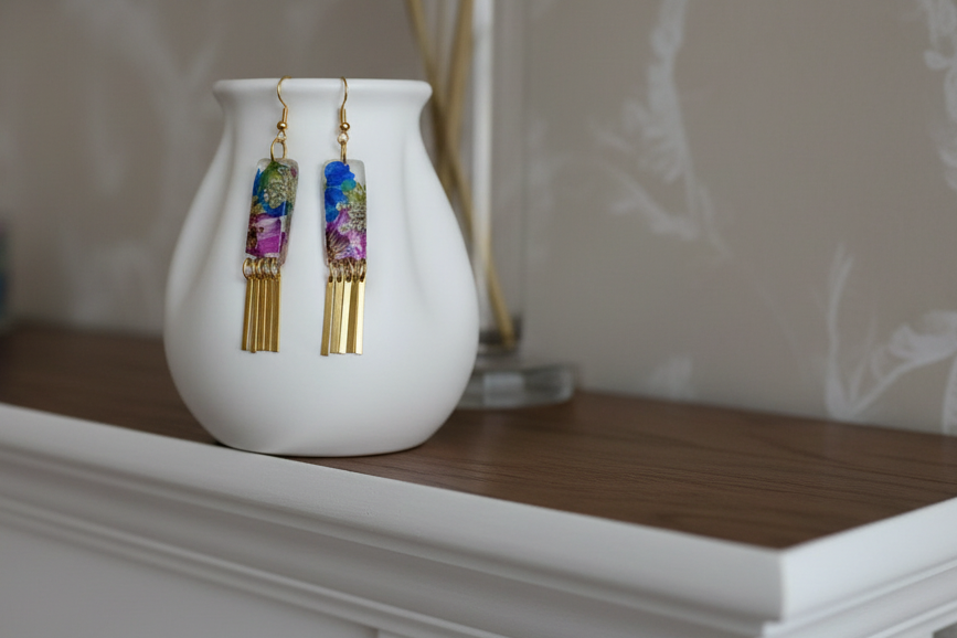 Organic Rectangle White Multi Floral Dangle w/ Brass Fringe Earrings