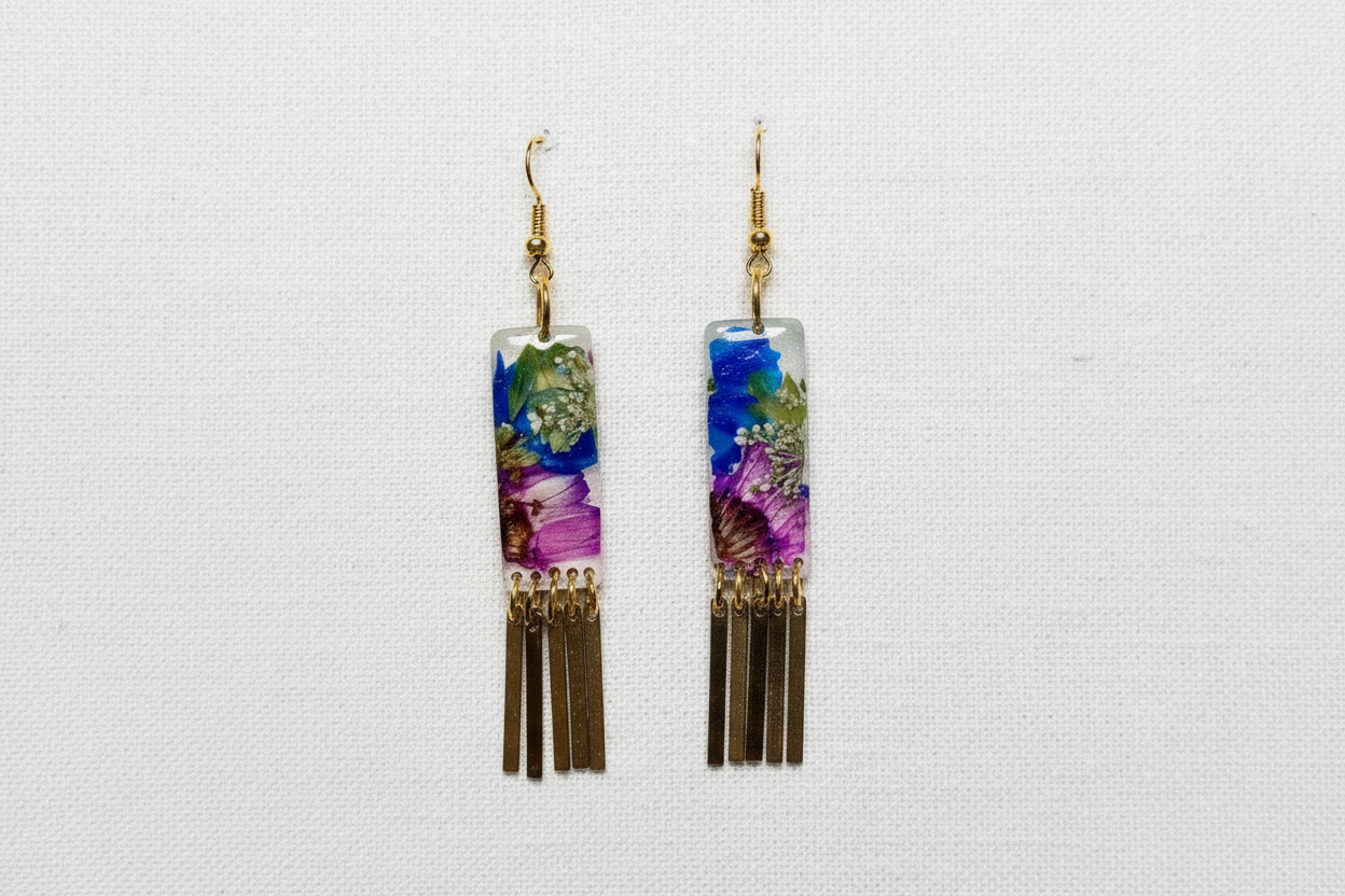 Organic Rectangle White Multi Floral Dangle w/ Brass Fringe Earrings