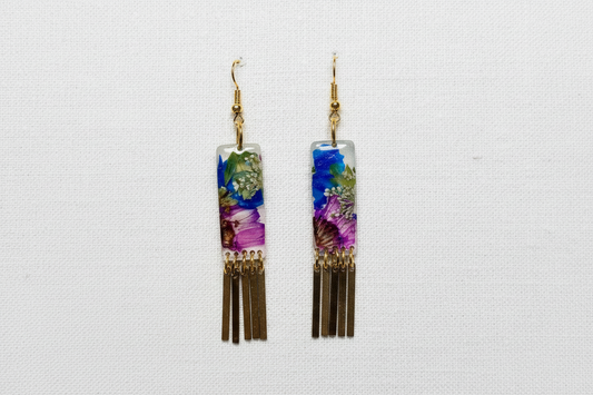 Organic Rectangle White Multi Floral Dangle w/ Brass Fringe Earrings