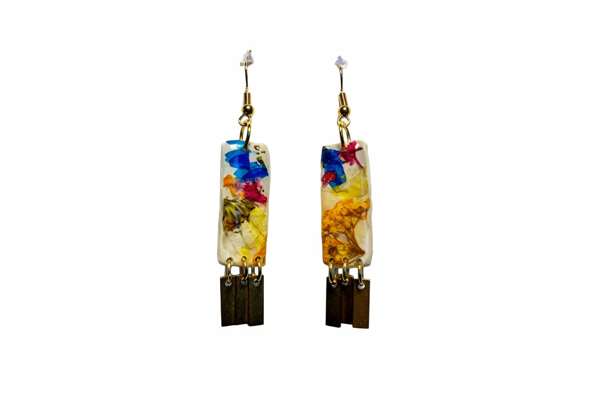 Organic Rectangle White Multi Floral Dangle w/ Brass Fringe Earrings