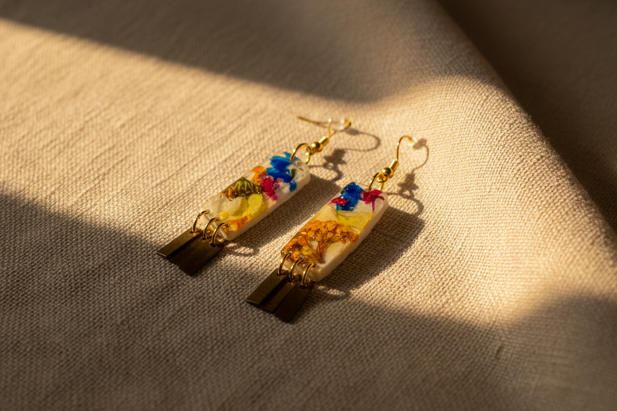 Organic Rectangle White Multi Floral Dangle w/ Brass Fringe Earrings