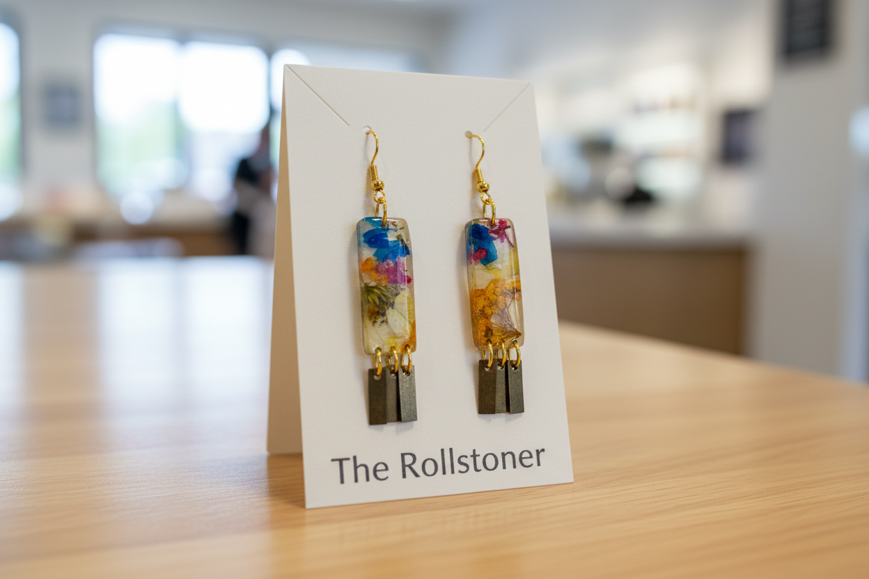 Organic Rectangle White Multi Floral Dangle w/ Brass Fringe Earrings