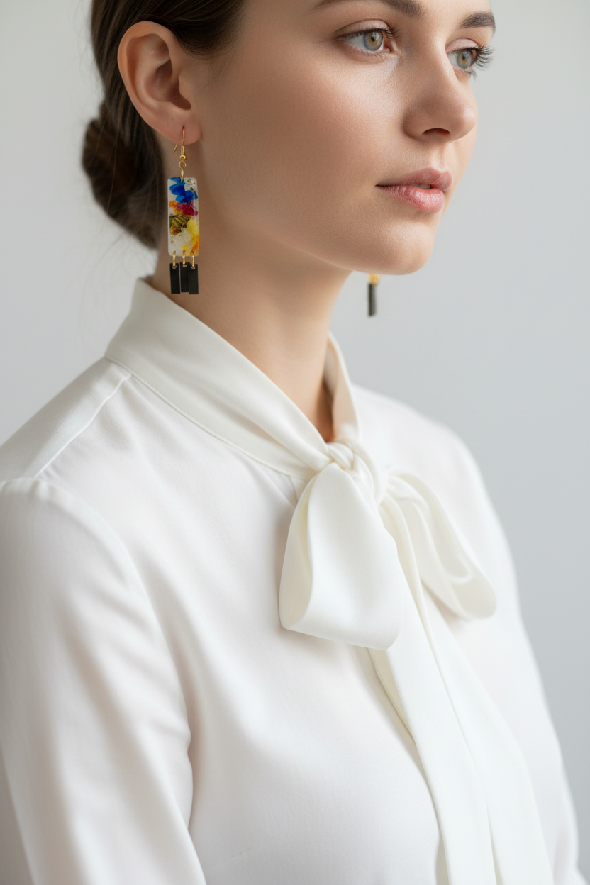 Organic Rectangle White Multi Floral Dangle w/ Brass Fringe Earrings