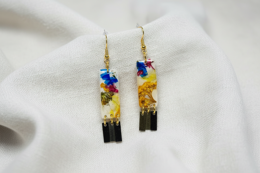 Organic Rectangle White Multi Floral Dangle w/ Brass Fringe Earrings