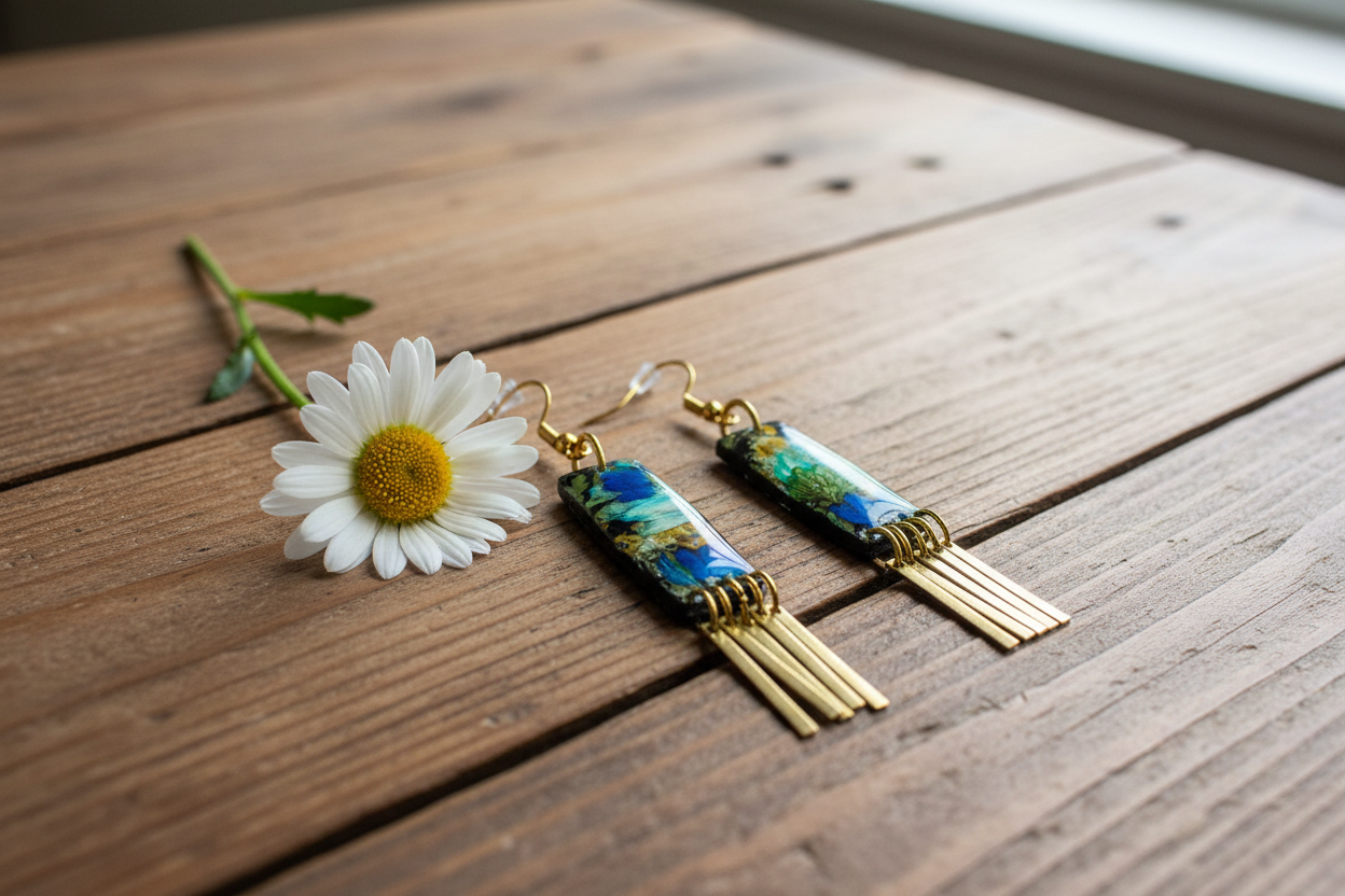 Organic Rectangle Black Multi Floral Dangle w/ Brass Fringe Earrings