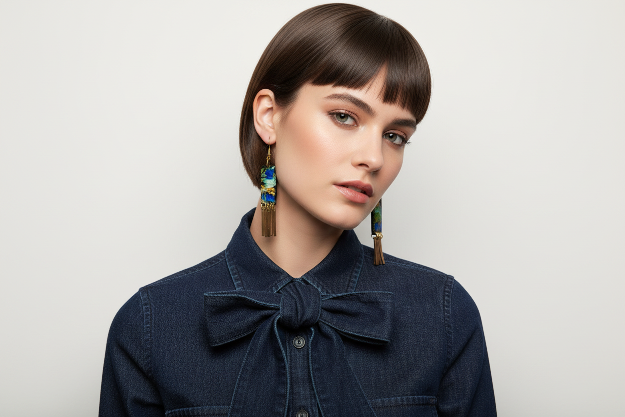 Organic Rectangle Black Multi Floral Dangle w/ Brass Fringe Earrings