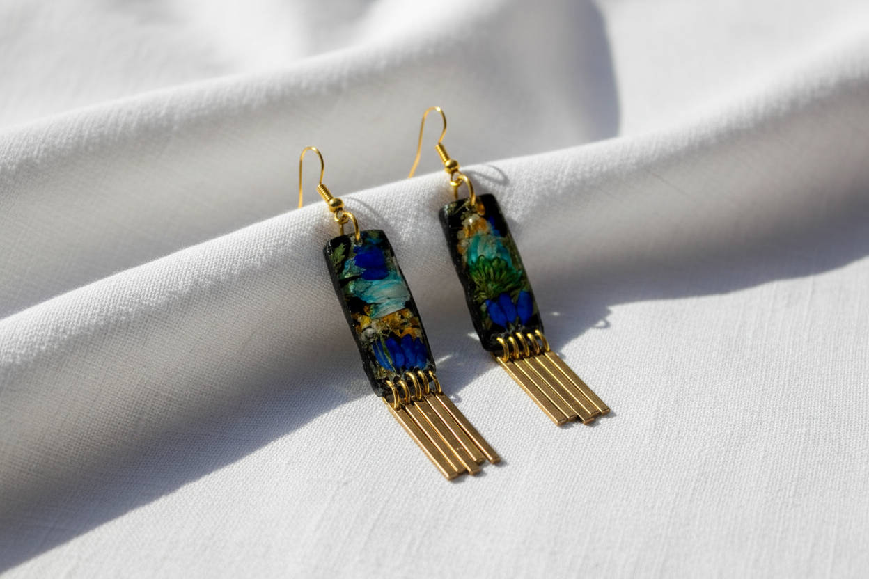 Organic Rectangle Black Multi Floral Dangle w/ Brass Fringe Earrings