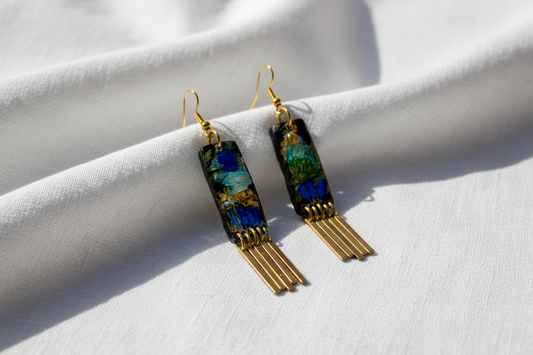 Organic Rectangle Black Multi Floral Dangle w/ Brass Fringe Earrings