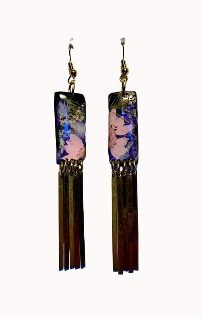 Organic Rectangle Black Multicolored Floral Dangle w/ Brass Fringe Earrings
