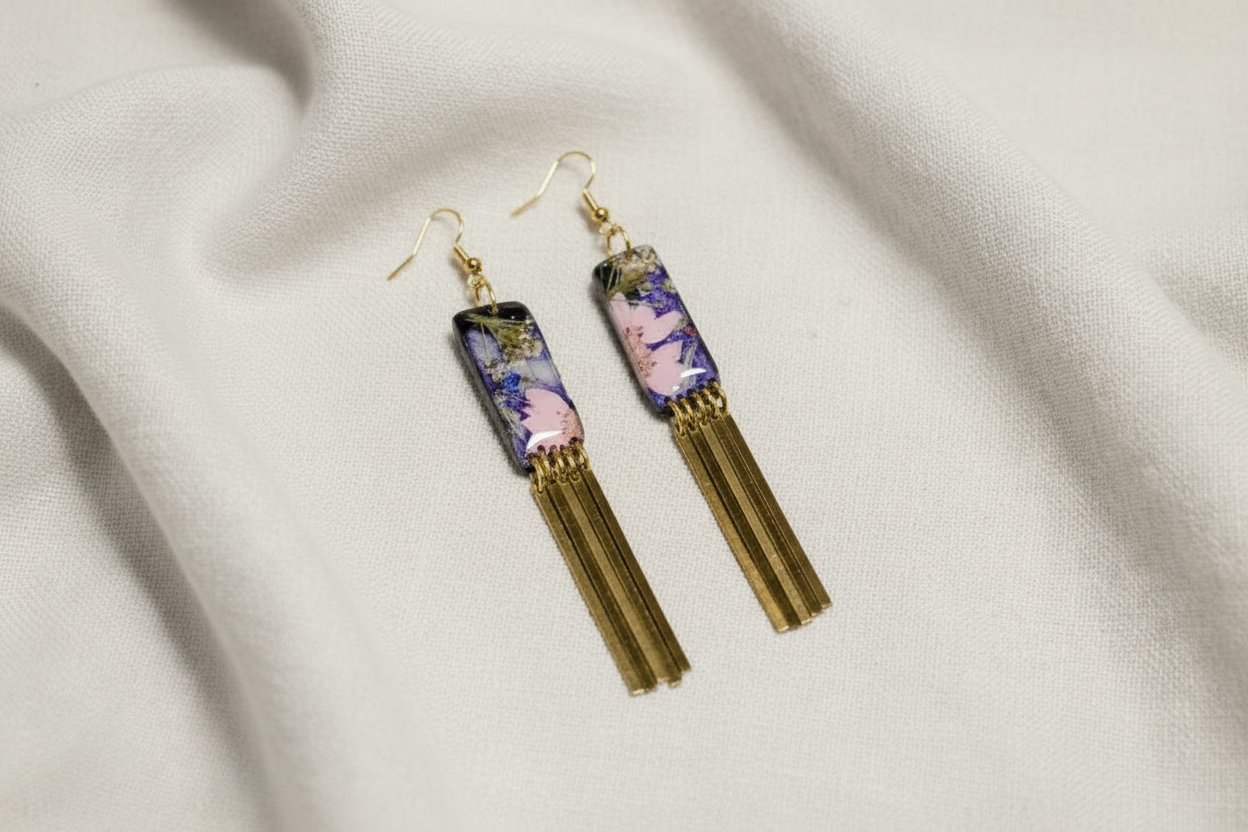 Organic Rectangle Black Multicolored Floral Dangle w/ Brass Fringe Earrings