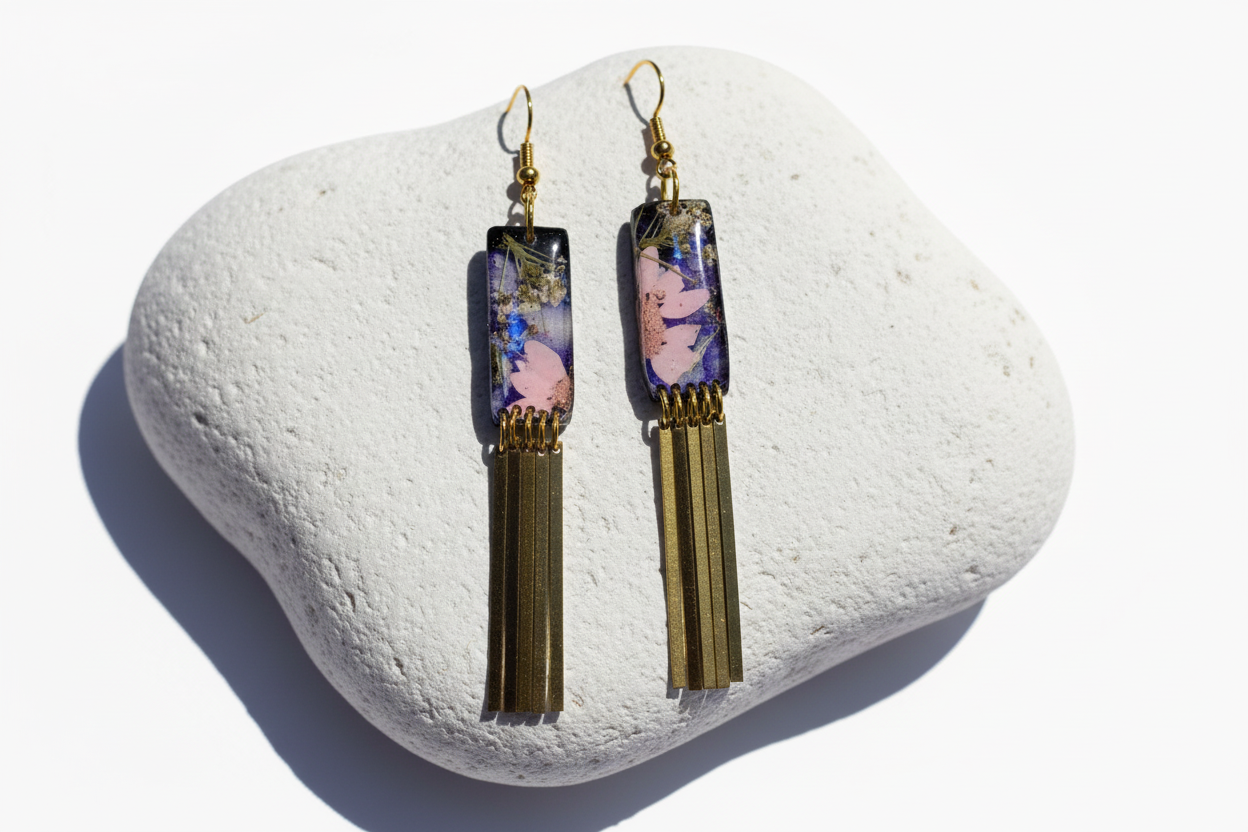 Organic Rectangle Black Multicolored Floral Dangle w/ Brass Fringe Earrings