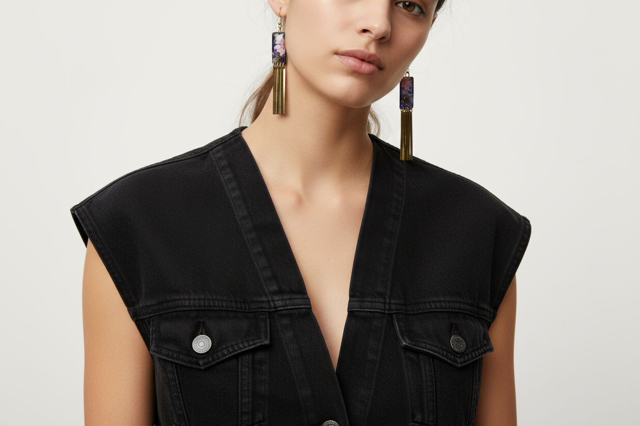 Organic Rectangle Black Multicolored Floral Dangle w/ Brass Fringe Earrings