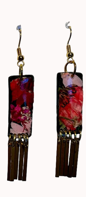 Organic Rectangle Black Multi Floral Dangle w/ Brass Fringe Earrings
