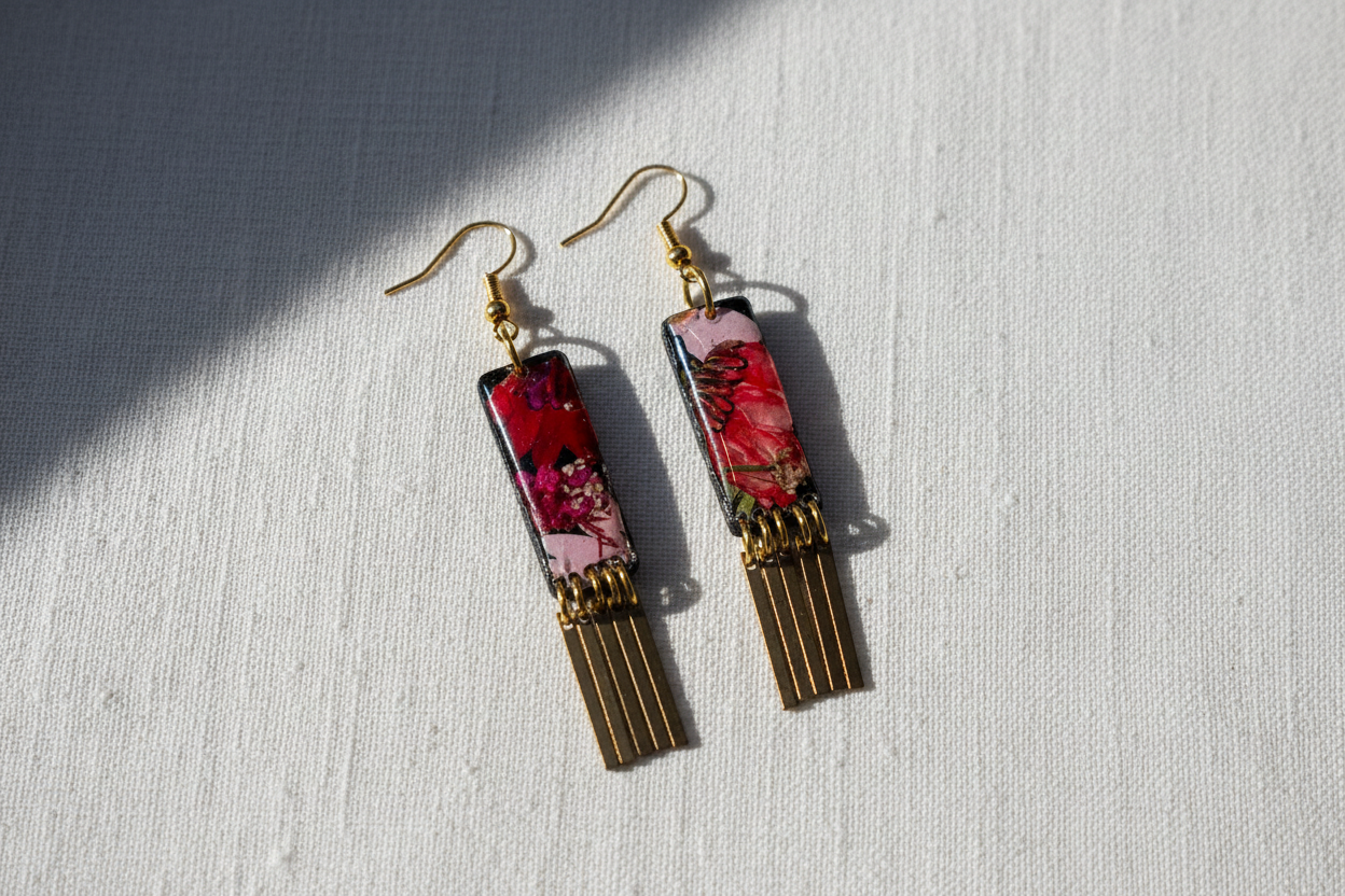 Organic Rectangle Black Multi Floral Dangle w/ Brass Fringe Earrings