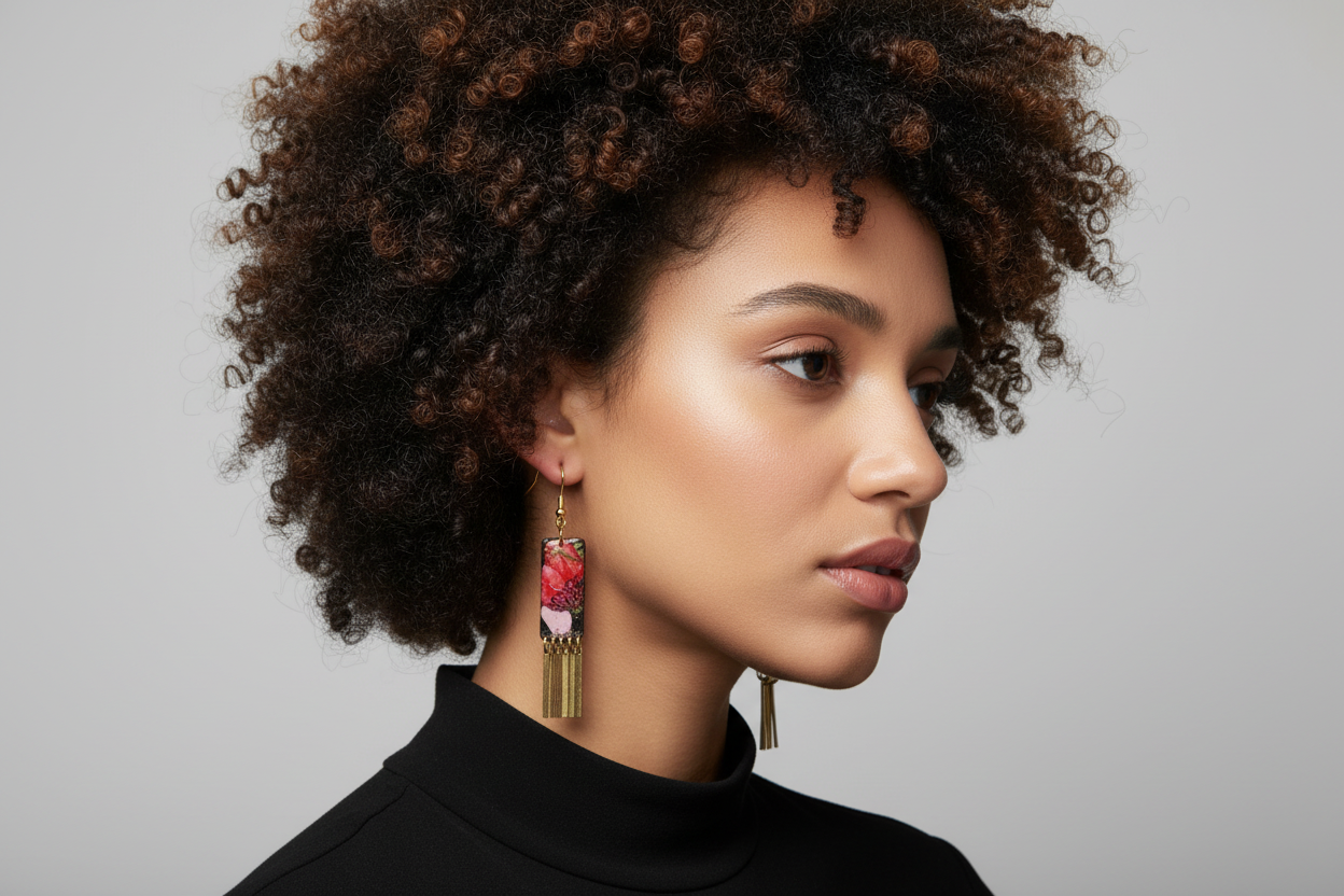 Organic Rectangle Black Multi Floral Dangle w/ Brass Fringe Earrings