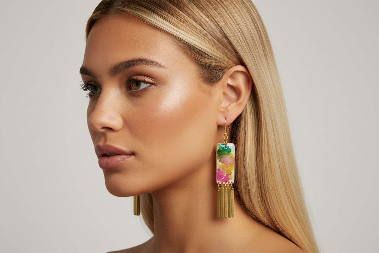 Organic Rectangle White Multi Floral Dangle w/ Brass Fringe Earrings