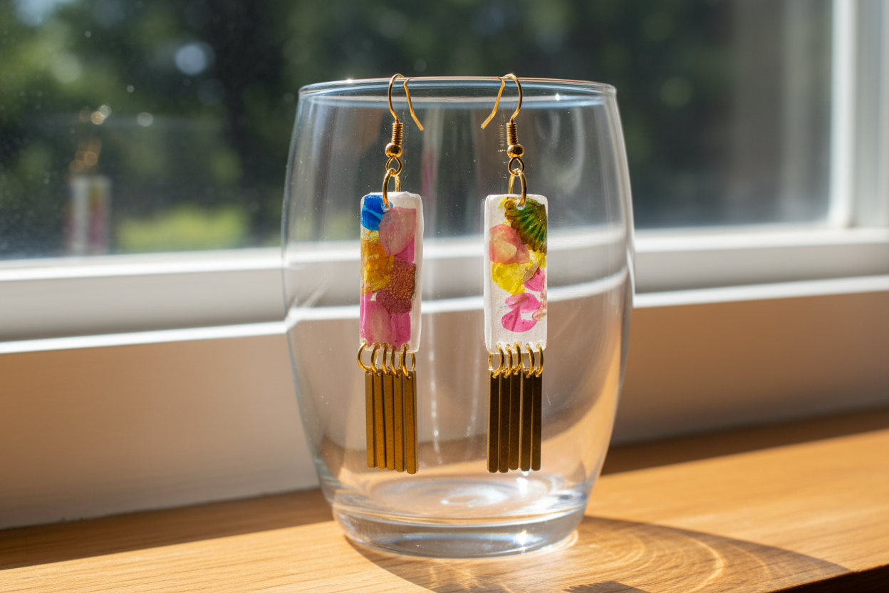 Organic Rectangle White Multi Floral Dangle w/ Brass Fringe Earrings