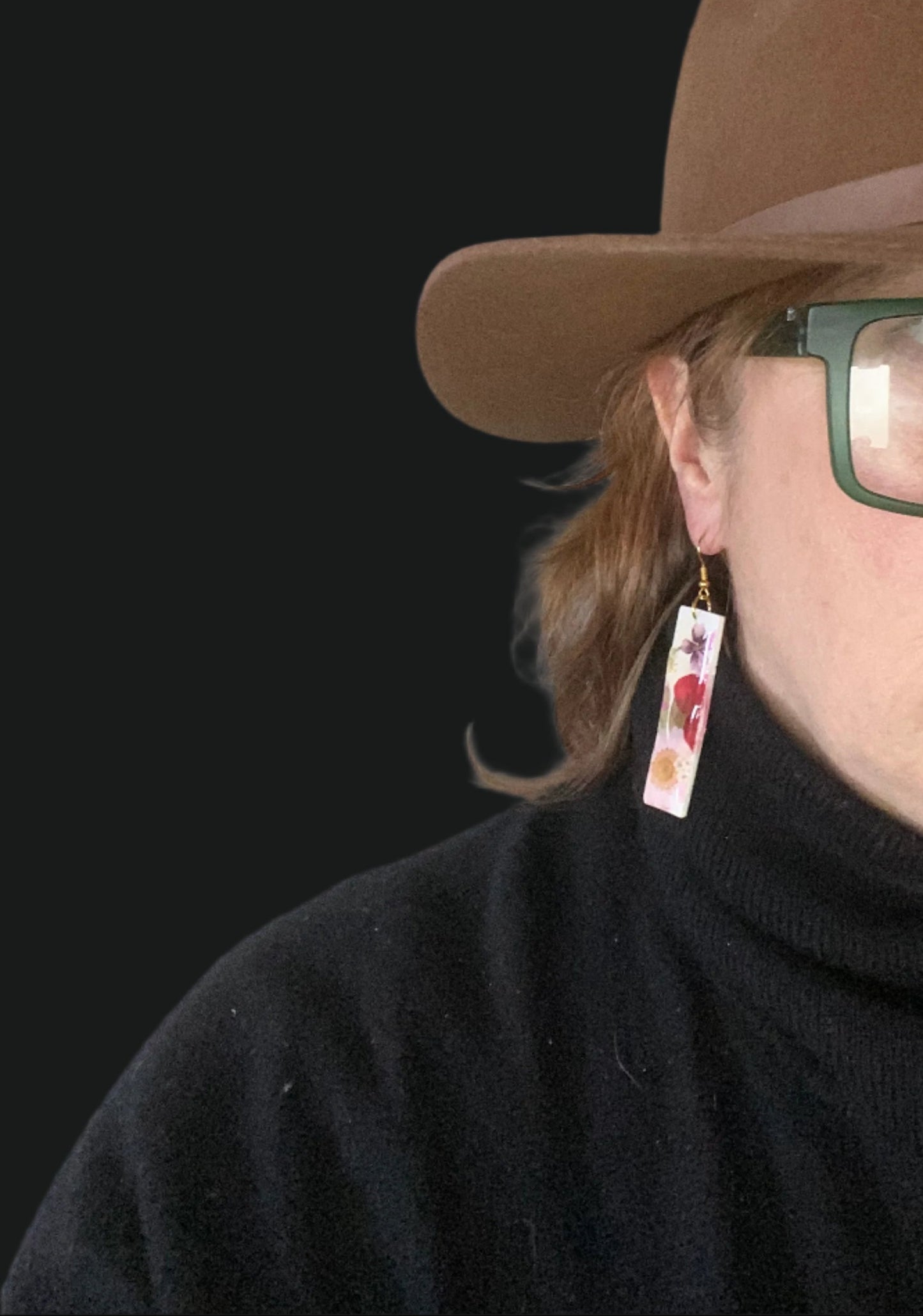 Floral #064F24 White Multi Reds Organic Rectangle Dangle Earing