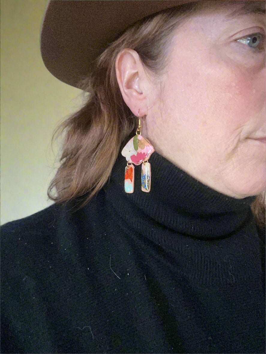 Floral Fringe Flower #046W25 Pink Polymer Clay Red Orange Yellow Pink White Multi Color Dangle