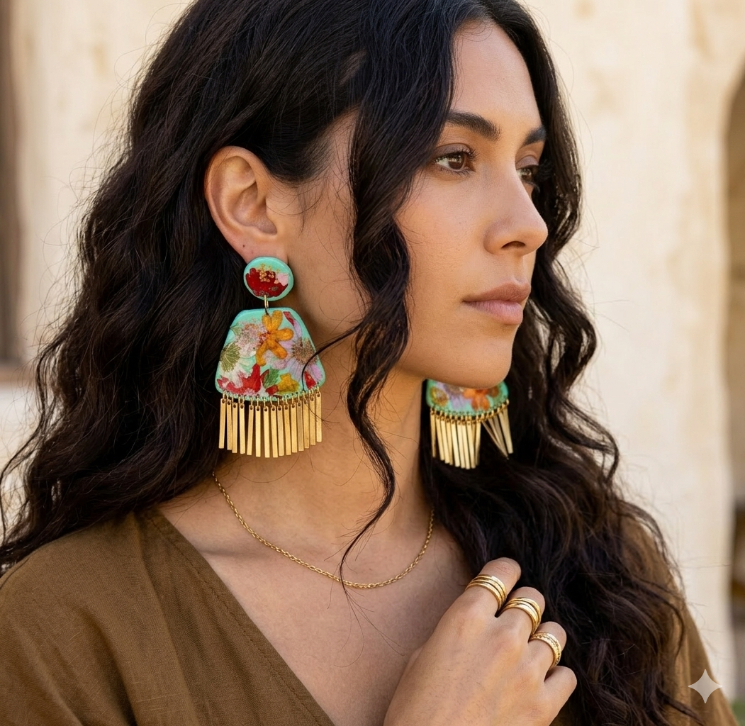 Floral Boho Dangle Brass Fringe Green Multi