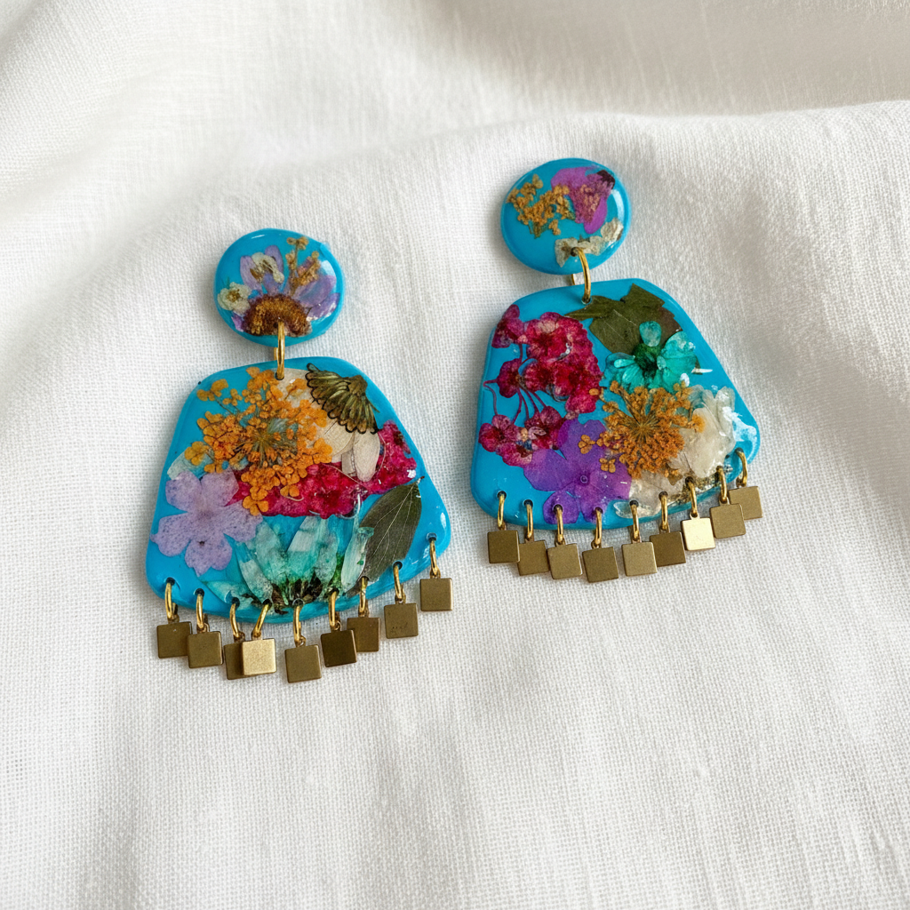 Floral Boho Dangle Square Fringe Blue Multi Floral