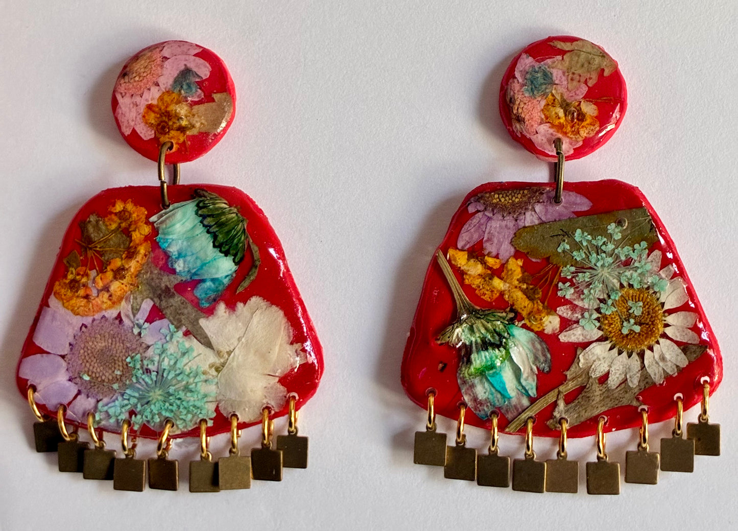 Floral Boho Dangle Square Fringe Red Multi Floral