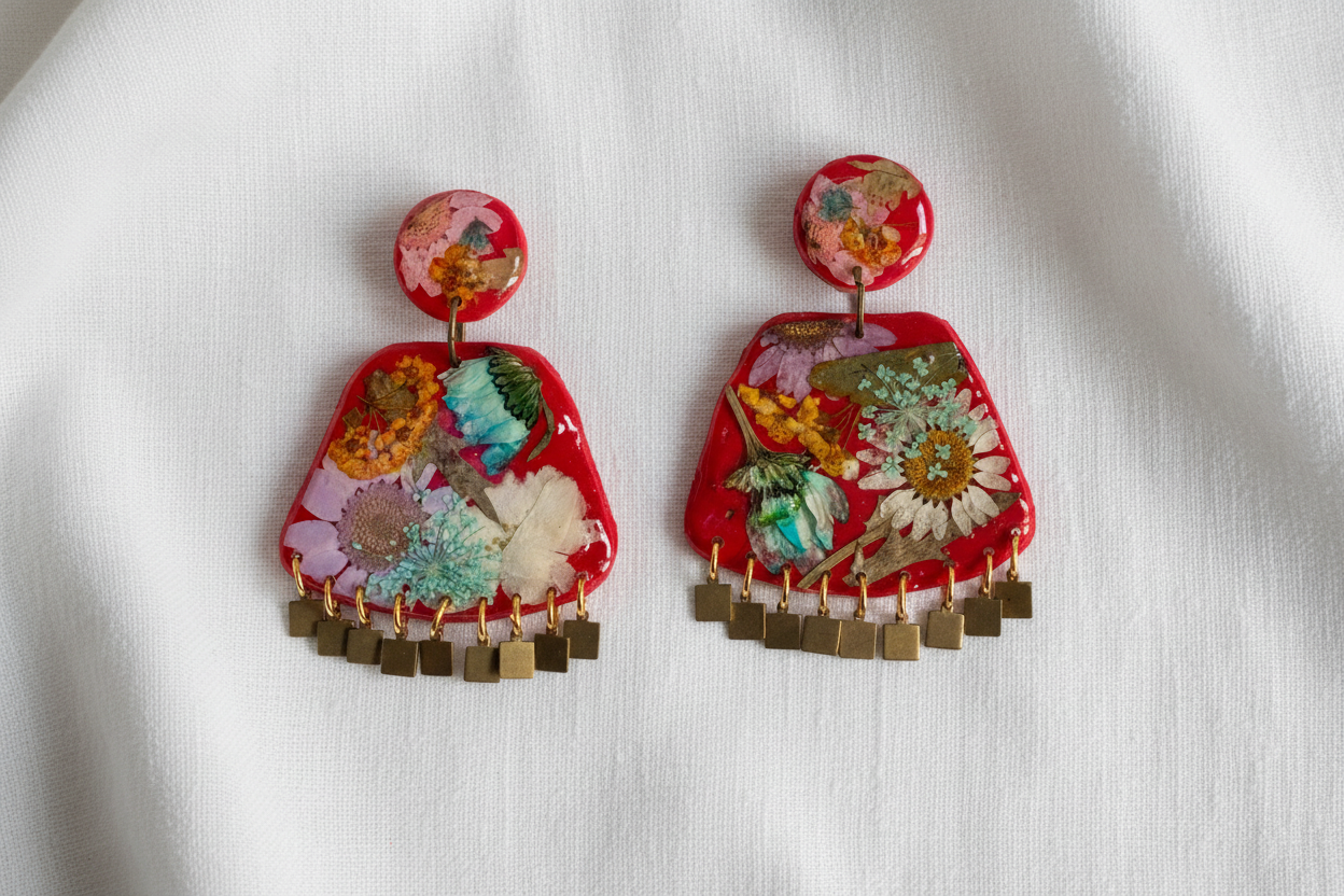 Floral Boho Dangle Square Fringe Red Multi Floral