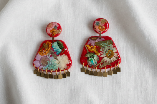 Floral Boho Dangle Square Fringe Red Multi Floral