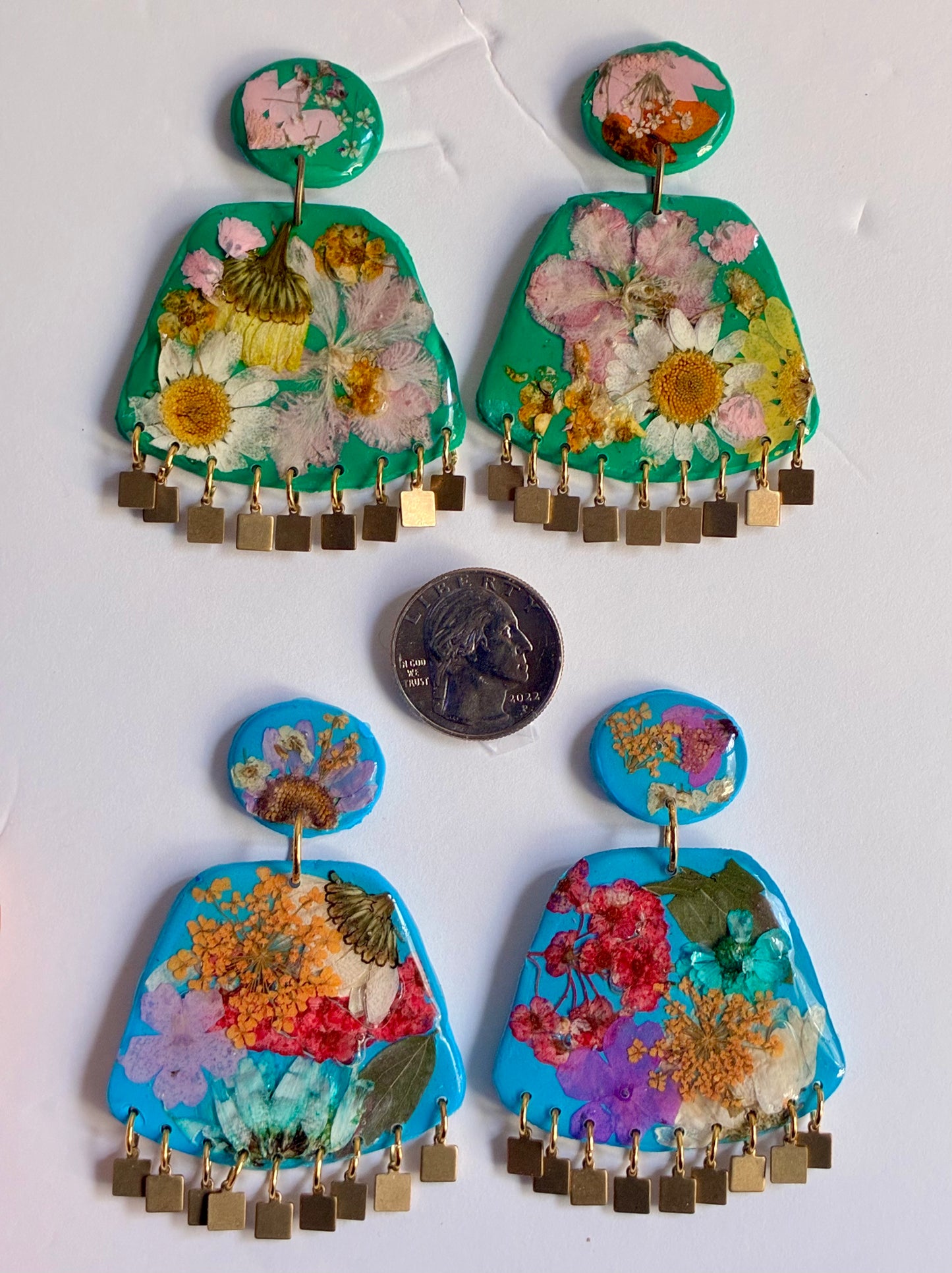 Floral Boho Dangle Square Fringe Blue Multi Floral