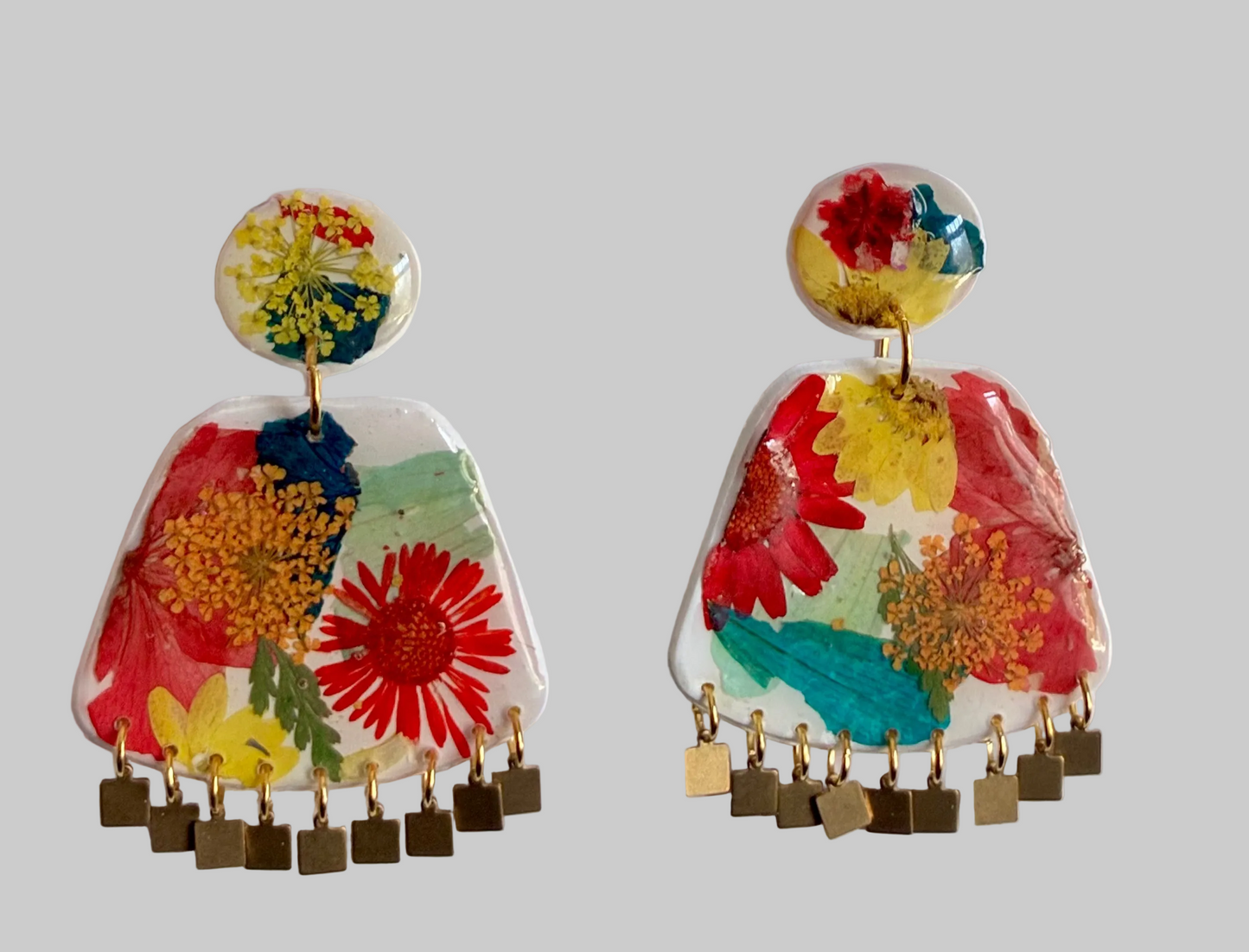 Floral Boho Dangle Square Fringe White Multi Floral