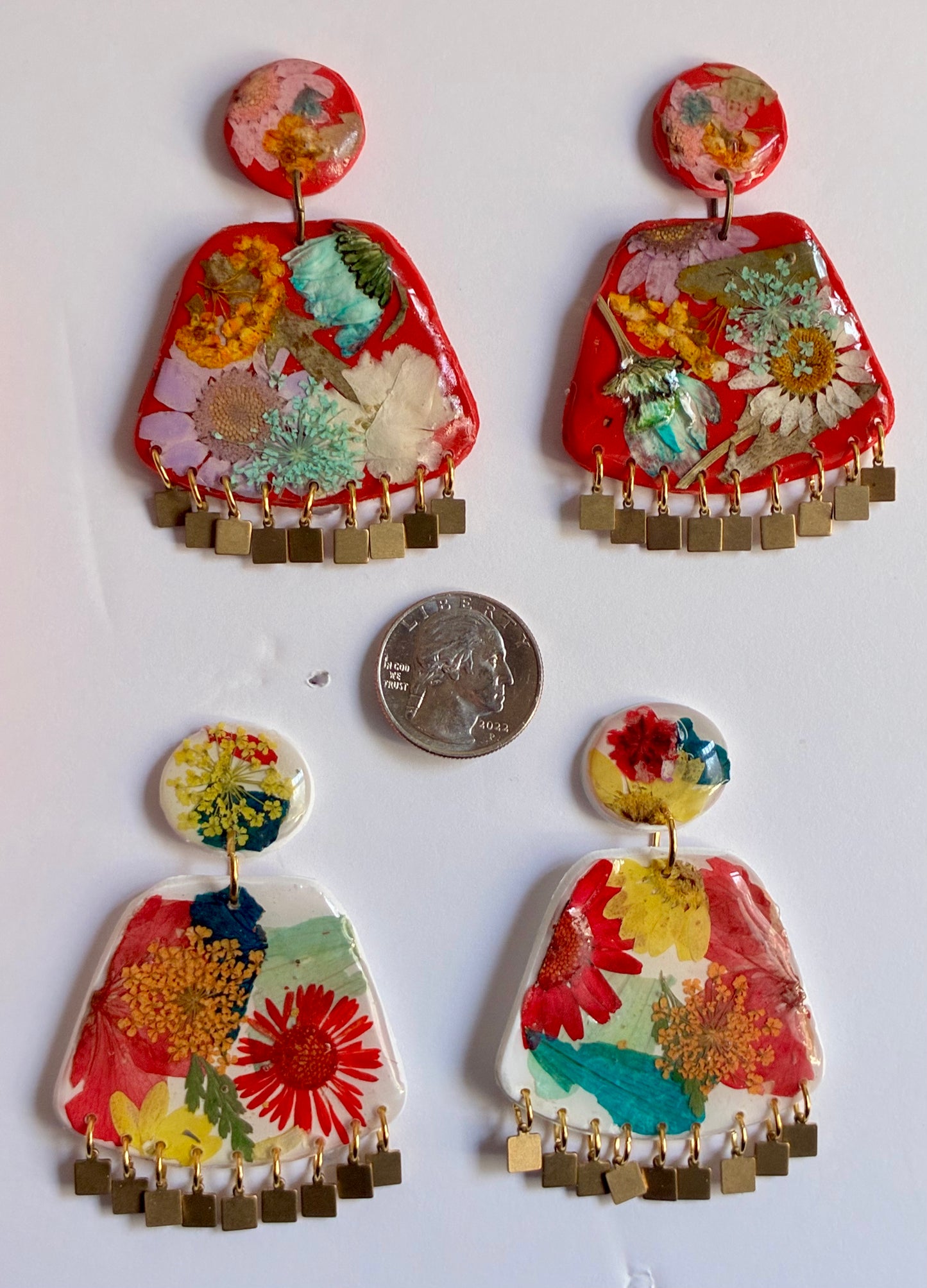 Floral Boho Dangle Square Fringe Red Multi Floral