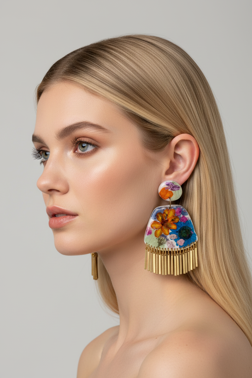 Floral Boho Dangle Fringe White Multi Earrings