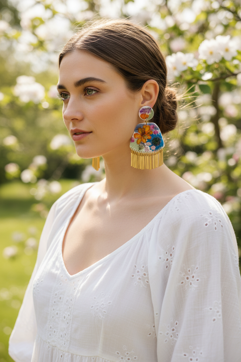 Floral Boho Dangle Fringe White Multi Earrings