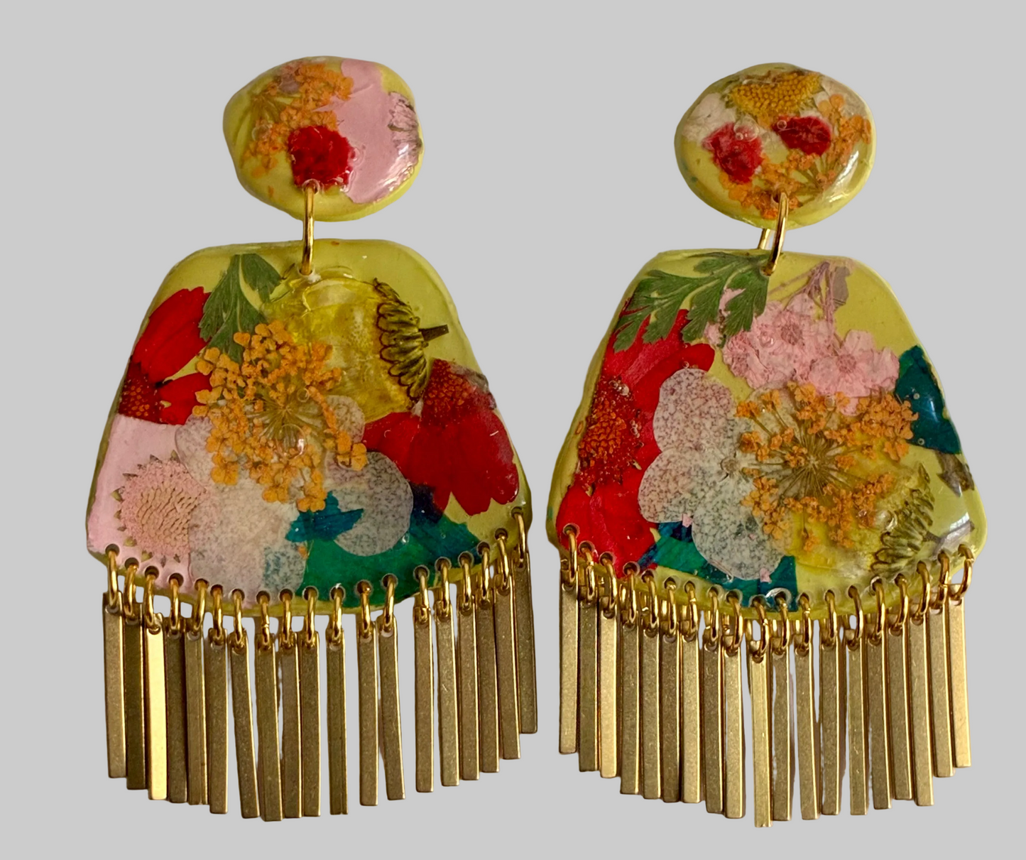 Floral Boho Dangle Fringe Chartreuse Yellow Multi Earrings