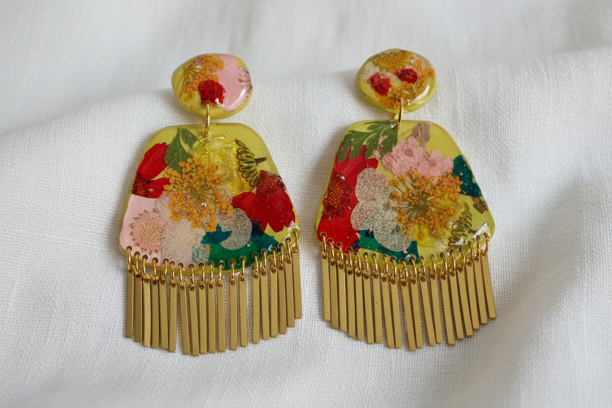 Floral Boho Dangle Fringe Chartreuse Yellow Multi Earrings