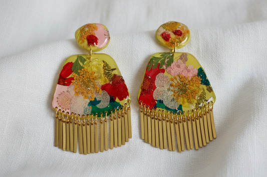 Floral Boho Dangle Fringe Chartreuse Yellow Multi Earrings