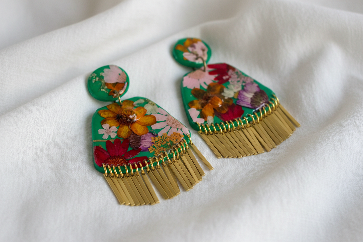 Floral Boho Dangle Brass Fringe Green Multi