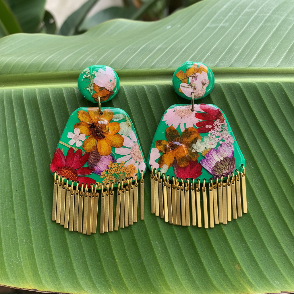 Floral Boho Dangle Brass Fringe Green Multi