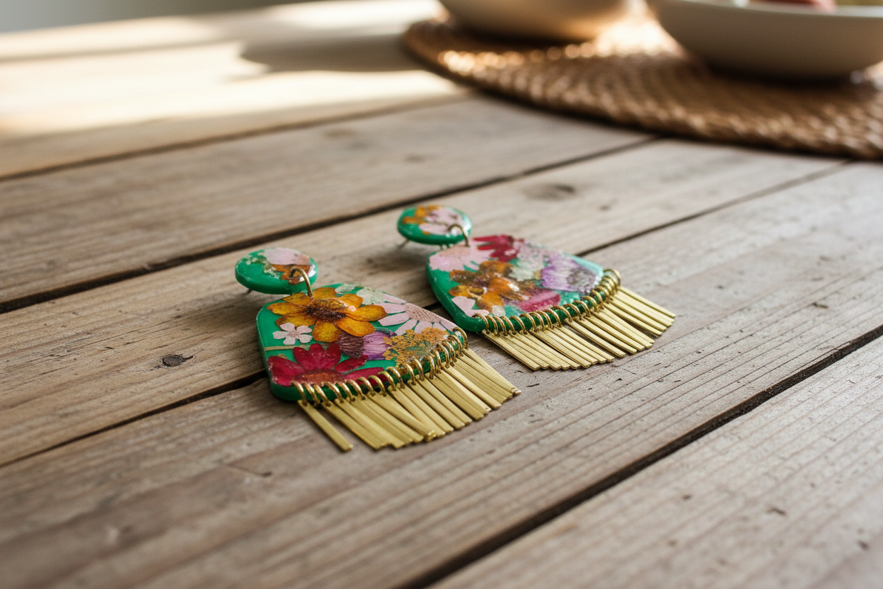 Floral Boho Dangle Brass Fringe Green Multi