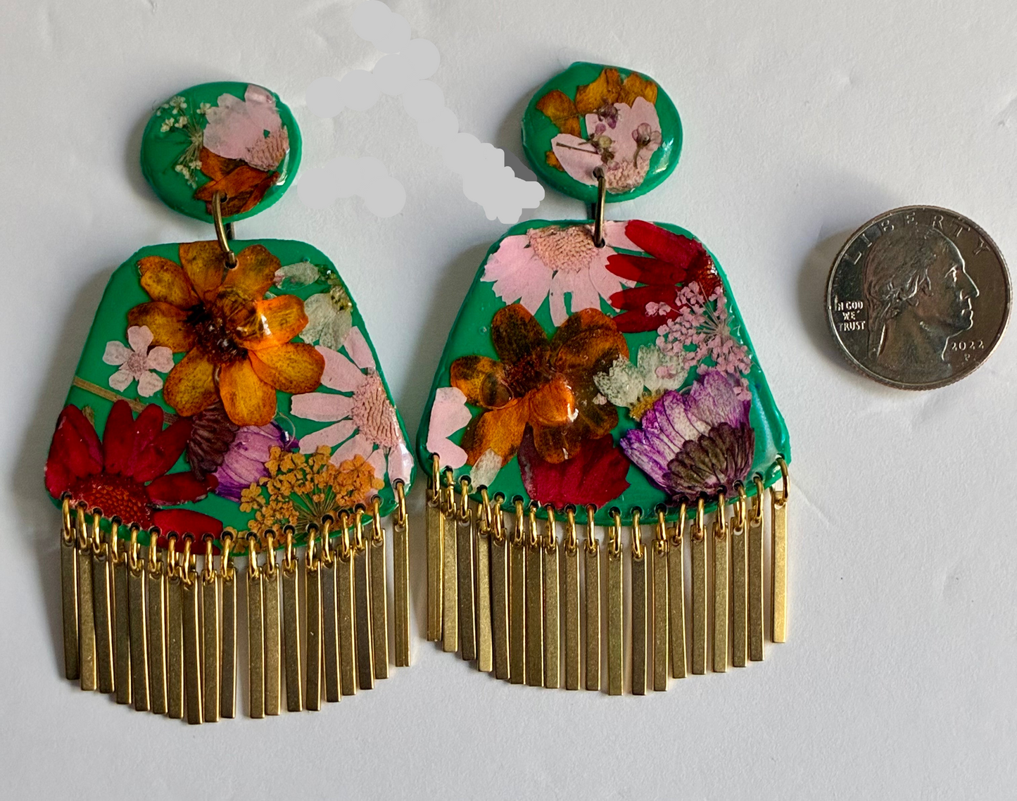 Floral Boho Dangle Brass Fringe Green Multi