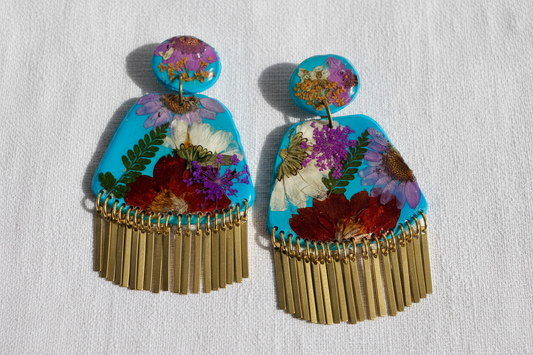Floral Boho Dangle Fringe Blue Multi Floral