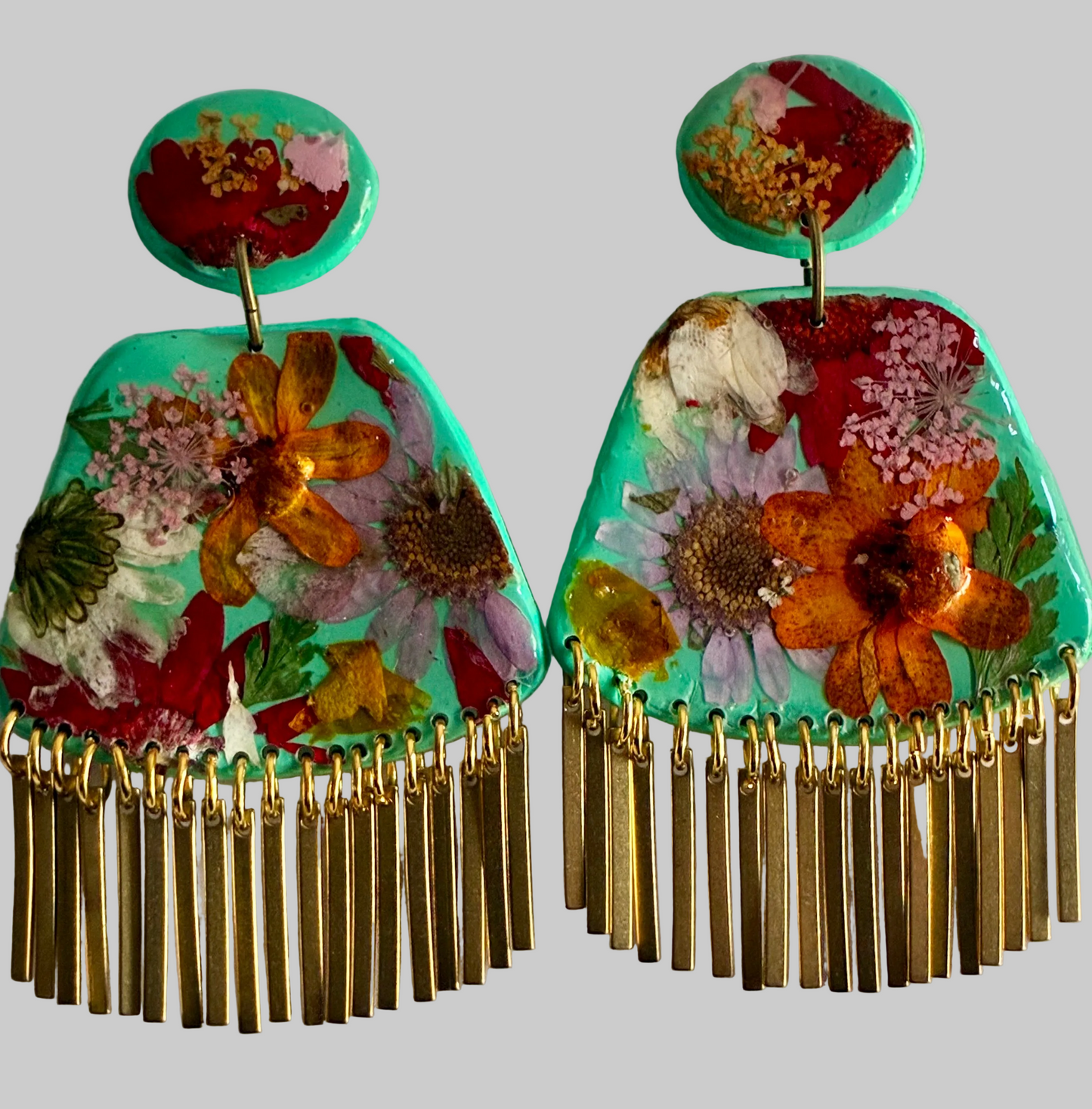 Floral Boho Dangle Fringe Mint Green Multi Earrings