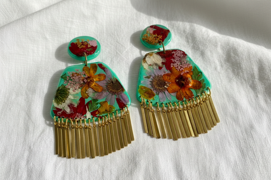 Floral Boho Dangle Fringe Mint Green Multi Earrings