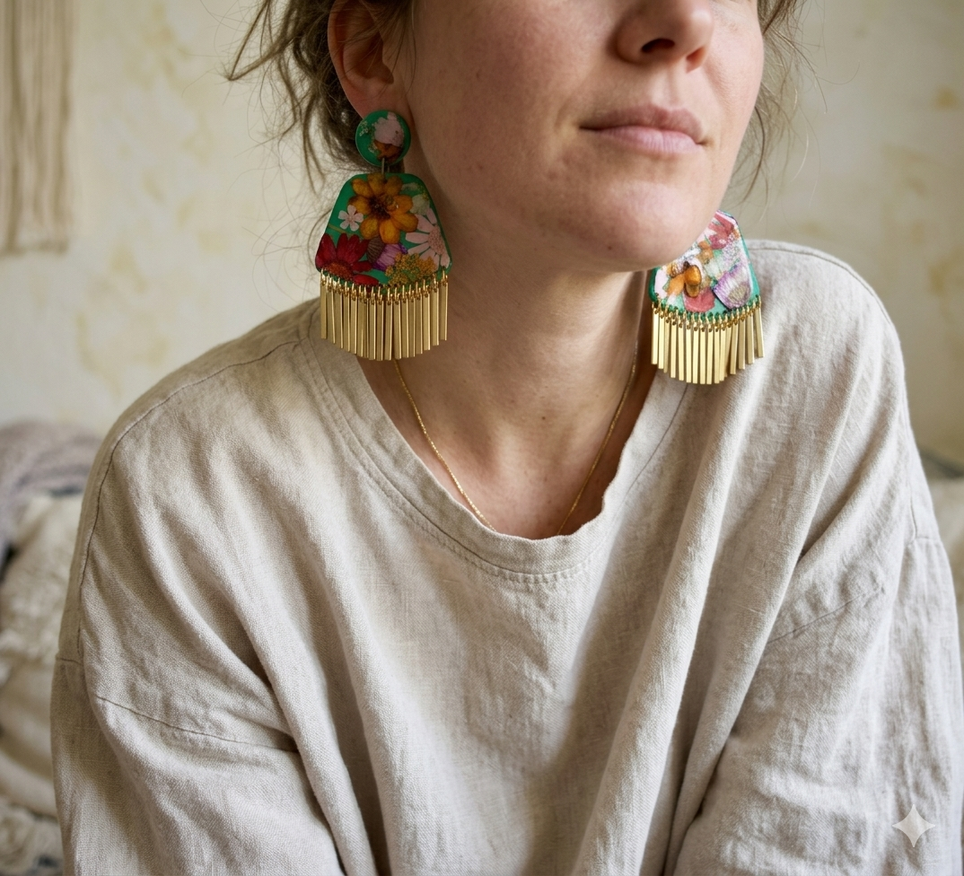 Floral Boho Dangle Brass Fringe Green Multi