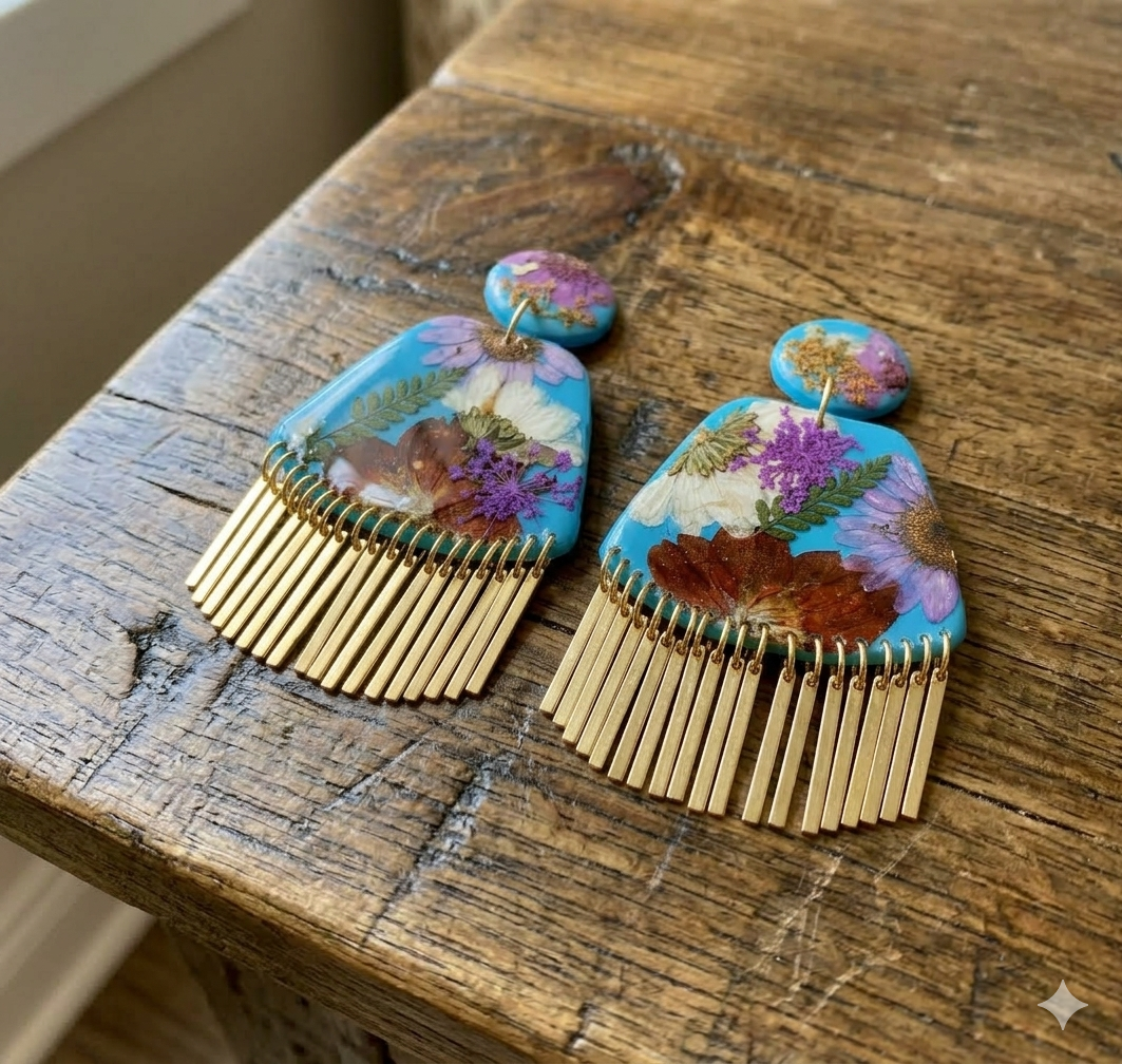 Floral Boho Dangle Fringe Blue Multi Floral