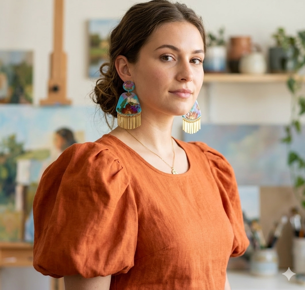 Floral Boho Dangle Fringe Blue Multi Floral