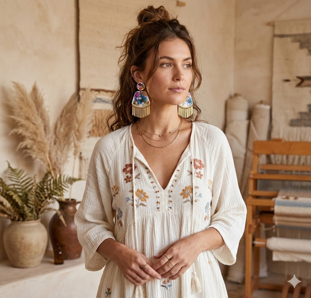 Floral Boho Dangle Fringe White Multi Earrings