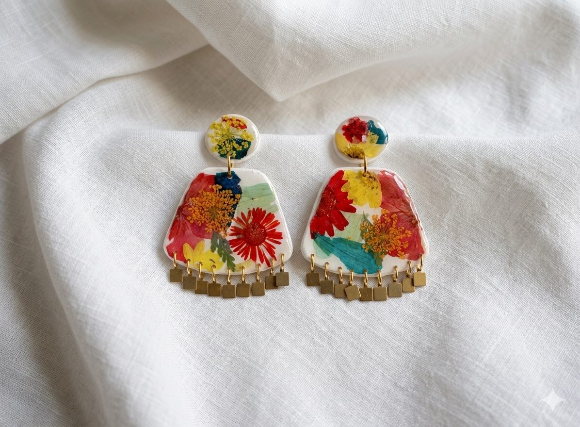 Floral Boho Dangle Square Fringe White Multi Floral