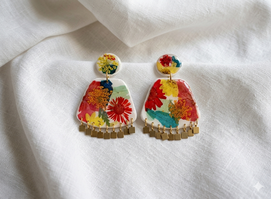 Floral Boho Dangle Square Fringe White Multi Floral